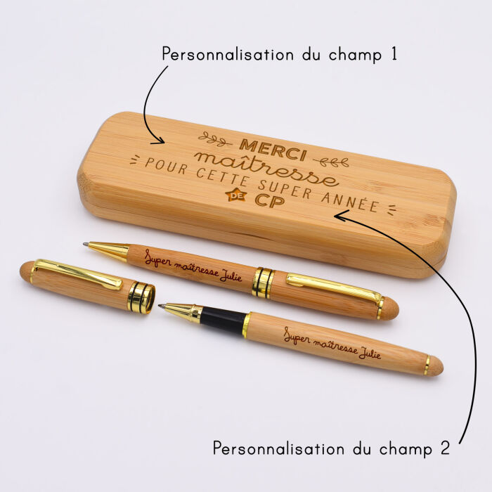 Coffret bambou + 2 stylos – Merci Maîtresse