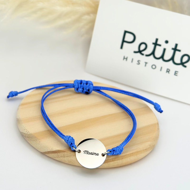 Bracelet personnalisé – Médaille ronde – Argent – Cordon bleu