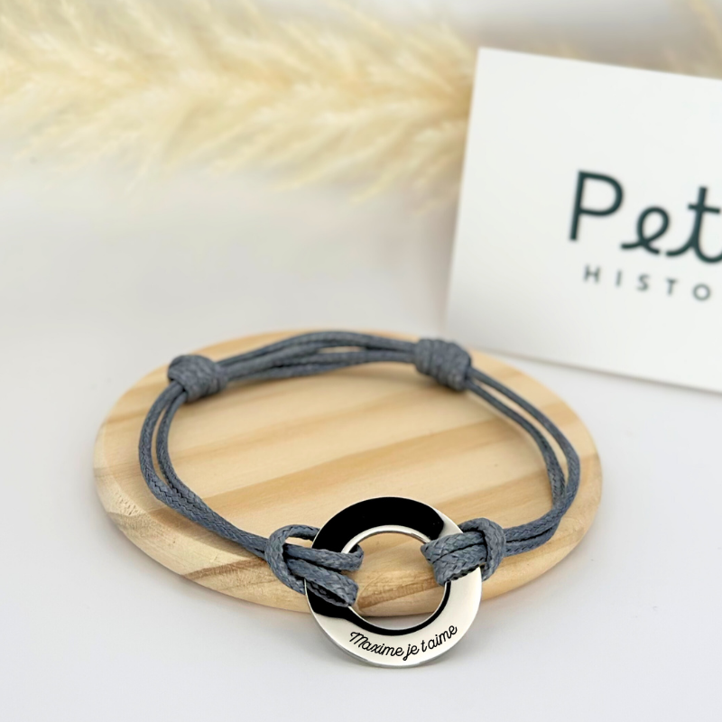 Bracelet personnalisé – Cible 15 mm – argent – Cordon gris