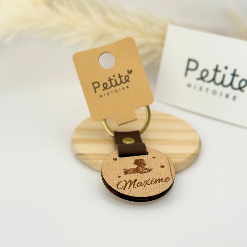 Porte-clés rond en cuir marron