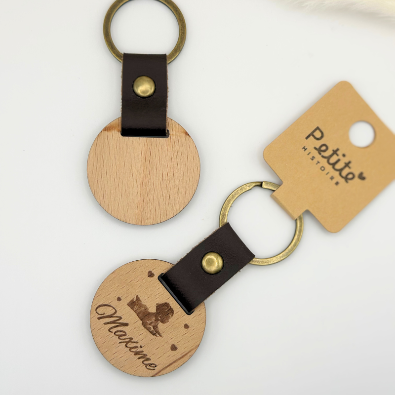 Porte-clés rond en cuir marron