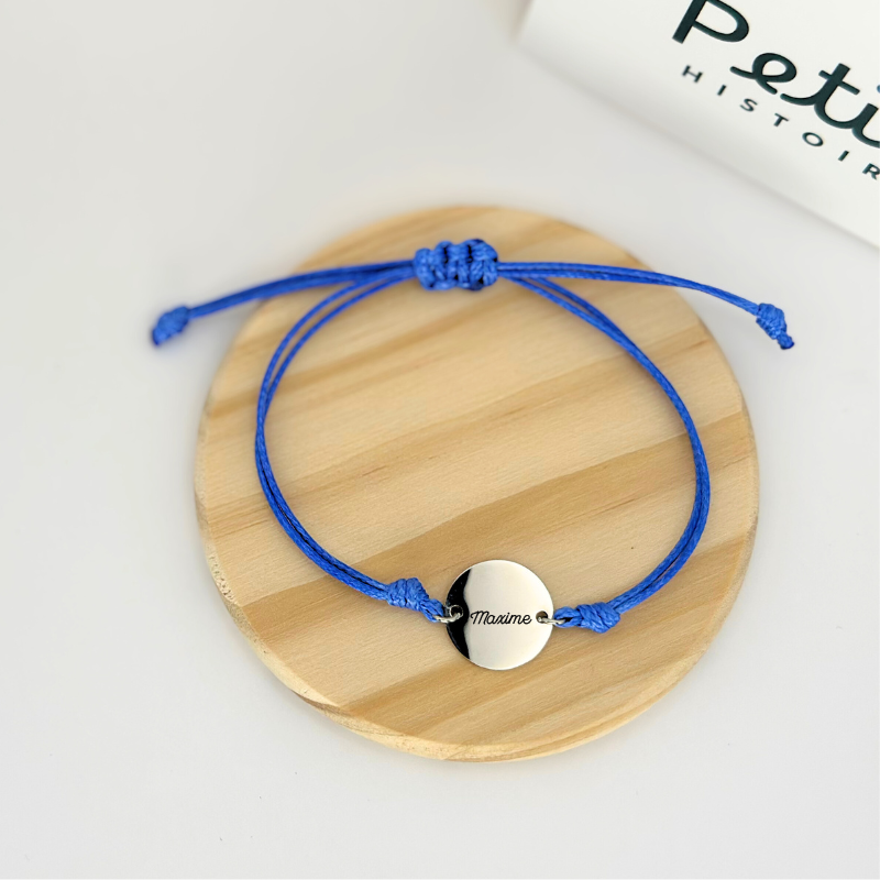 Bracelet personnalisé – Médaille ronde – Argent – Cordon bleu