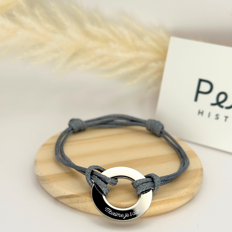 Bracelet personnalisé – Cible 15 mm – argent – Cordon gris