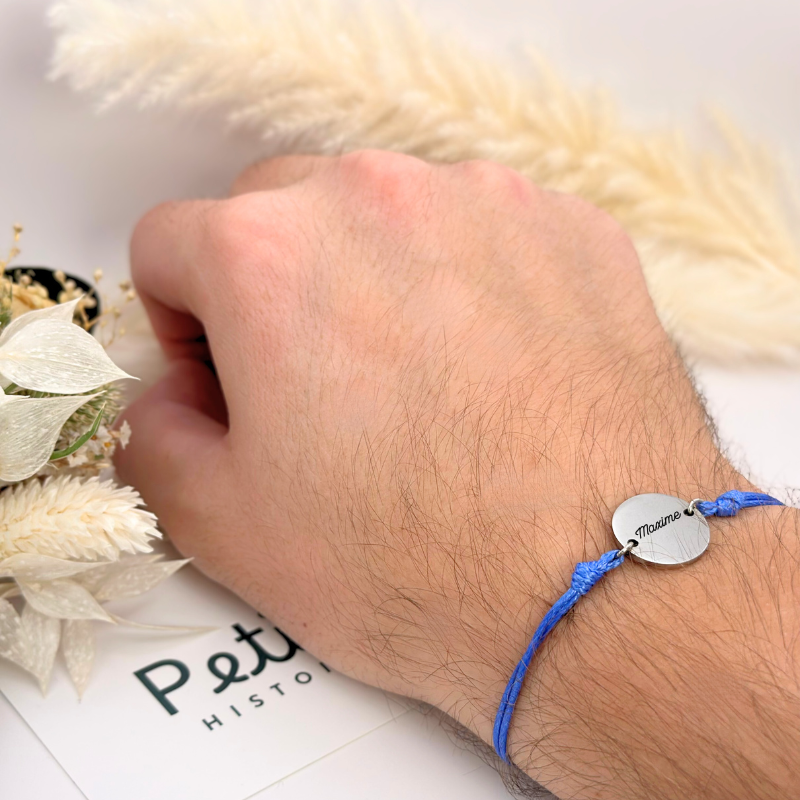 Bracelet personnalisé – Médaille ronde – Argent – Cordon bleu