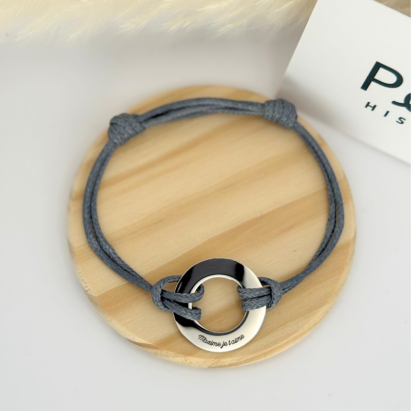 Bracelet personnalisé – Cible 15 mm – argent – Cordon gris