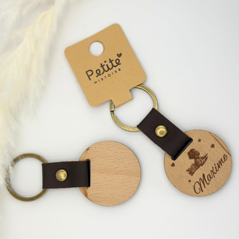 Porte-clés rond en cuir marron