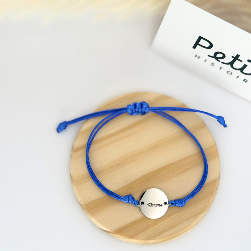 Bracelet personnalisé – Médaille ronde – Argent – Cordon bleu