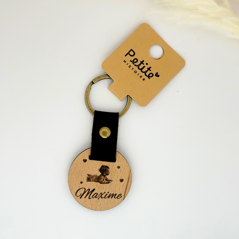 Porte-clés rond en cuir marron